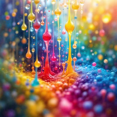 The primary subject of the image is a colorful display of various colored liquids, such as water, oil, and other fluids, that are dripping and flowing downwards. The setting is a vibrant and colorful background, which adds to the overall visual style of the image. The colors and mood of the image are lively and energetic, with the bright colors and flowing liquids creating a dynamic and engaging scene.